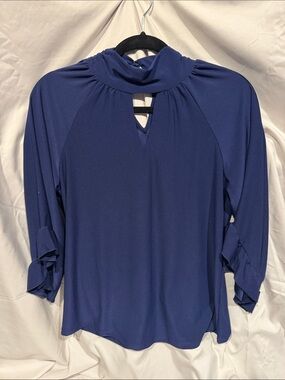 Women’s Navy Mock Neck Keyhole Blouse with Roll-Tab Sleeves